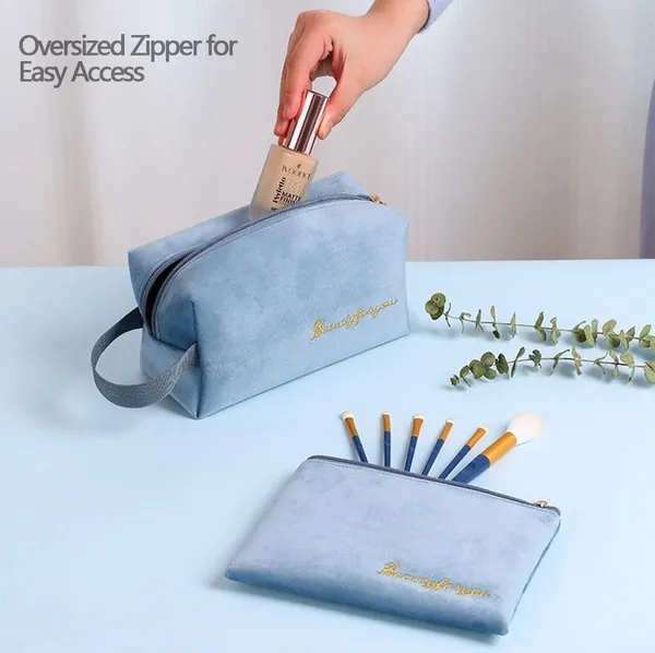 BLUE_BEADS_Set_of_2_Pcs_Simple_Glossy_Cosmetic_Velvet_Makeup_Organiser_Pouch_Portable_Travel_Toiletry_Bag_for_Women_and_Girls_(Grey)