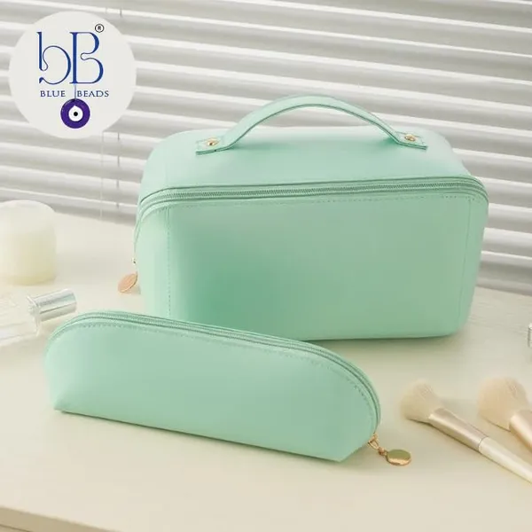 BLUE_BEADS_2pcs_Women_PU_Leather_Cosmetic_Bag_with_Makeup_Brush_Bag_Multifunction_Toiletries_Organizer_Portable_Travel_Waterproof_Makeup_Pouch_Toiletry_Bag_for_Women_and_Girls_(LIGHT_GREEN)
