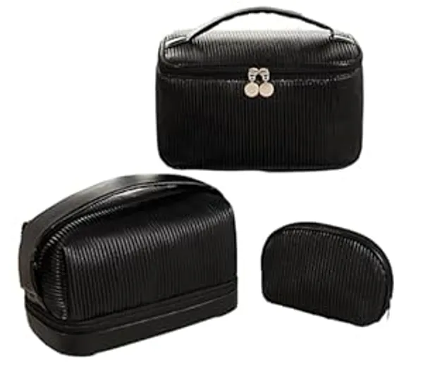 BLUE_BEADS_Set_of_3_Toiletry_Bags,_PU_Leather_Traveling_Bag,_Makeup_Organizer_Pouch_with_Zipper,_Portable_Waterproof_Skin_Care_Carrying_Bag,_Cosmetic_Bag_for_Women_(BLACK)