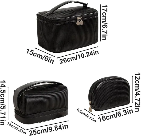 BLUE_BEADS_Set_of_3_Toiletry_Bags,_PU_Leather_Traveling_Bag,_Makeup_Organizer_Pouch_with_Zipper,_Portable_Waterproof_Skin_Care_Carrying_Bag,_Cosmetic_Bag_for_Women_(BLACK)