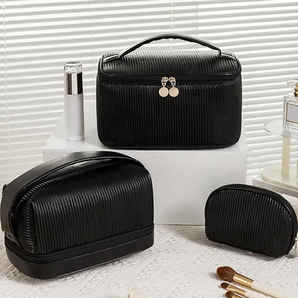 BLUE_BEADS_Set_of_3_Toiletry_Bags,_PU_Leather_Traveling_Bag,_Makeup_Organizer_Pouch_with_Zipper,_Portable_Waterproof_Skin_Care_Carrying_Bag,_Cosmetic_Bag_for_Women_(BLACK)
