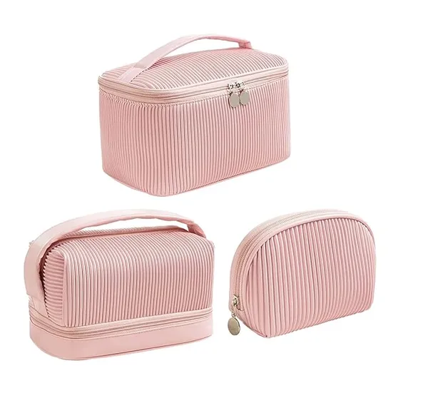 BLUE_BEADS_Set_of_3_Toiletry_Bags,_PU_Leather_Traveling_Bag,_Makeup_Organizer_Pouch_with_Zipper,_Portable_Waterproof_Skin_Care_Carrying_Bag,_Cosmetic_Bag_for_Women_(PINK)