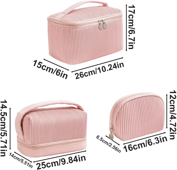 BLUE_BEADS_Set_of_3_Toiletry_Bags,_PU_Leather_Traveling_Bag,_Makeup_Organizer_Pouch_with_Zipper,_Portable_Waterproof_Skin_Care_Carrying_Bag,_Cosmetic_Bag_for_Women_(PINK)