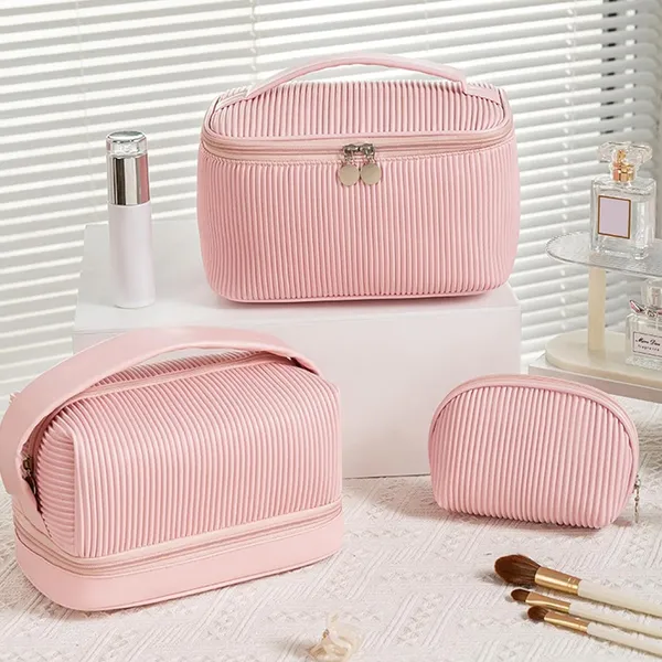 BLUE_BEADS_Set_of_3_Toiletry_Bags,_PU_Leather_Traveling_Bag,_Makeup_Organizer_Pouch_with_Zipper,_Portable_Waterproof_Skin_Care_Carrying_Bag,_Cosmetic_Bag_for_Women_(PINK)