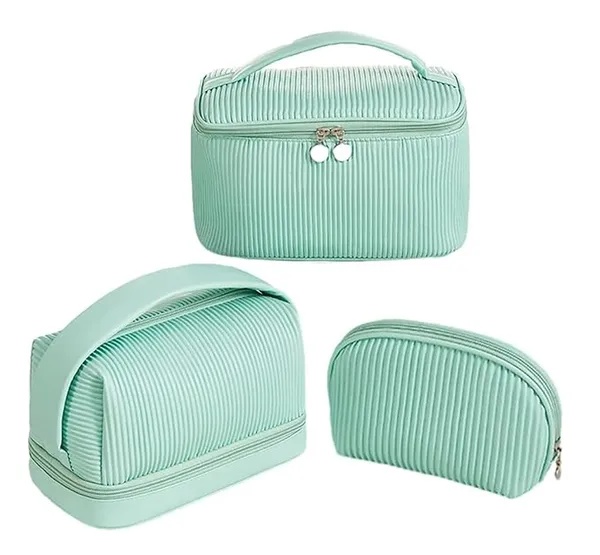 BLUE_BEADS_Set_of_3_Toiletry_Bags,_PU_Leather_Traveling_Bag,_Makeup_Organizer_Pouch_with_Zipper,_Portable_Waterproof_Skin_Care_Carrying_Bag,_Cosmetic_Bag_for_Women_(Green)