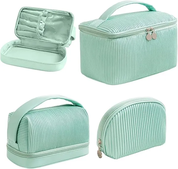 BLUE_BEADS_Set_of_3_Toiletry_Bags,_PU_Leather_Traveling_Bag,_Makeup_Organizer_Pouch_with_Zipper,_Portable_Waterproof_Skin_Care_Carrying_Bag,_Cosmetic_Bag_for_Women_(Green)