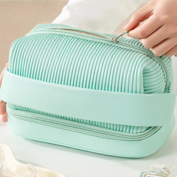 BLUE_BEADS_Set_of_3_Toiletry_Bags,_PU_Leather_Traveling_Bag,_Makeup_Organizer_Pouch_with_Zipper,_Portable_Waterproof_Skin_Care_Carrying_Bag,_Cosmetic_Bag_for_Women_(Green)