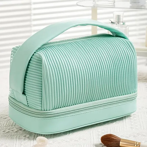 BLUE_BEADS_Set_of_3_Toiletry_Bags,_PU_Leather_Traveling_Bag,_Makeup_Organizer_Pouch_with_Zipper,_Portable_Waterproof_Skin_Care_Carrying_Bag,_Cosmetic_Bag_for_Women_(Green)