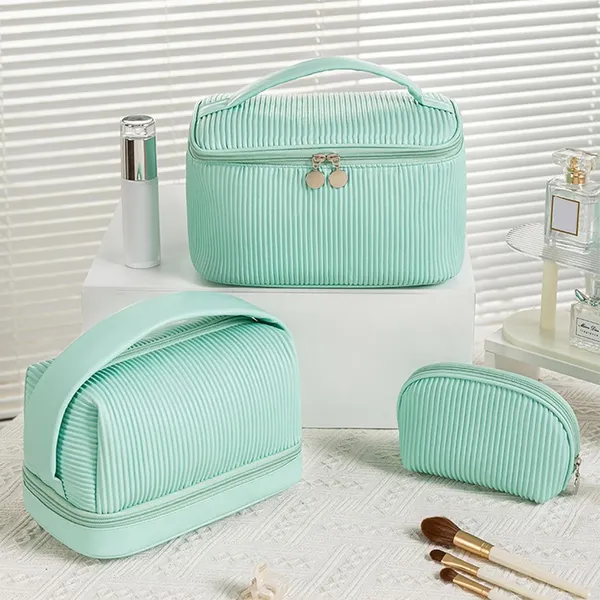 BLUE_BEADS_Set_of_3_Toiletry_Bags,_PU_Leather_Traveling_Bag,_Makeup_Organizer_Pouch_with_Zipper,_Portable_Waterproof_Skin_Care_Carrying_Bag,_Cosmetic_Bag_for_Women_(Green)
