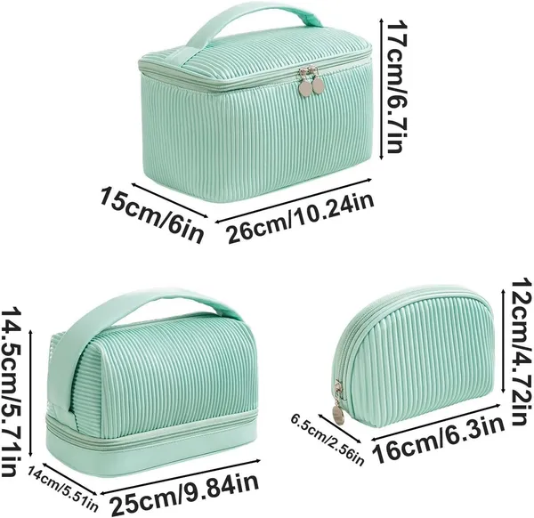 BLUE_BEADS_Set_of_3_Toiletry_Bags,_PU_Leather_Traveling_Bag,_Makeup_Organizer_Pouch_with_Zipper,_Portable_Waterproof_Skin_Care_Carrying_Bag,_Cosmetic_Bag_for_Women_(Green)