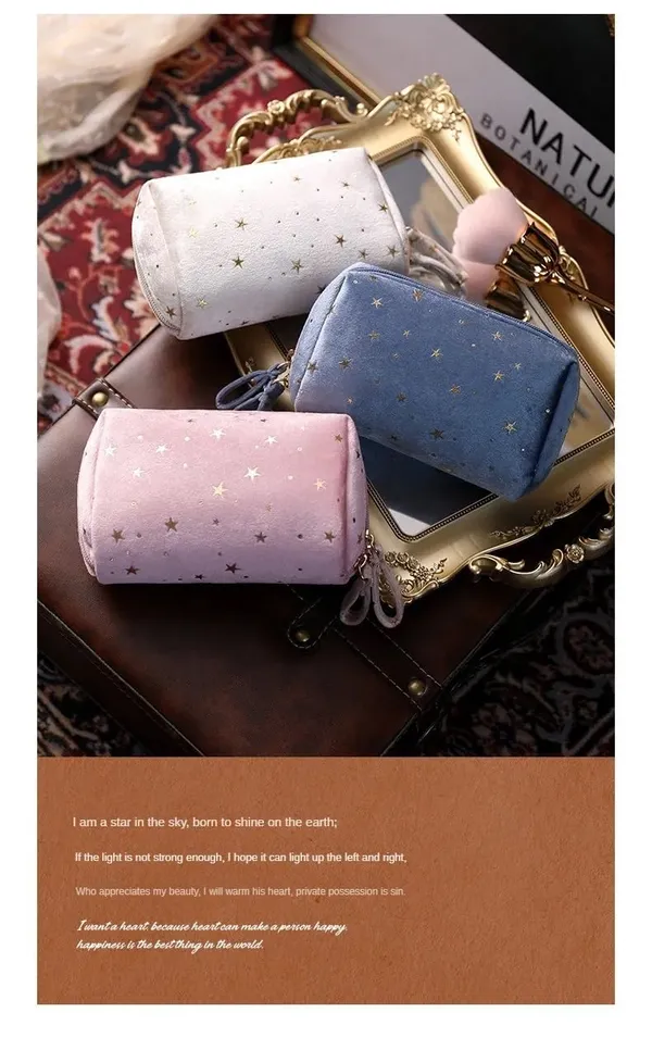 BLUE_BEADS_Star_Print_Mini_Cosmetic_Velvet_Makeup_Pouch_Portable_Travel_Toiletry_Bag_for_Women_and_Girls_14_x_10_x_6_cm_(Blue)