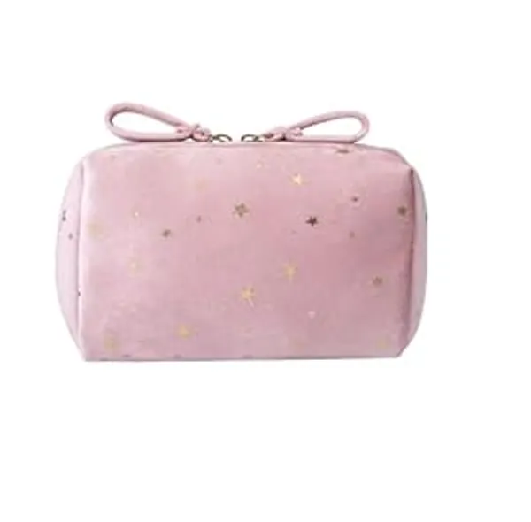 BLUE_BEADS_Star_Print_Mini_Cosmetic_Velvet_Makeup_Pouch_Portable_Toiletry_Bag_for_Women_and_Girls_14_x_10_x_6_cm_(Pink)