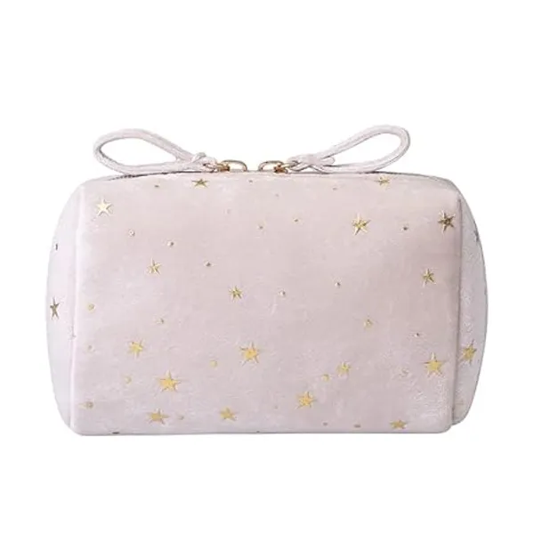 BLUE_BEADS_Star_Print_Mini_Cosmetic_Velvet_Makeup_Pouch_Portable_Travel_Toiletry_Bag_For_Women_And_Girls_(Beige),_10_CM