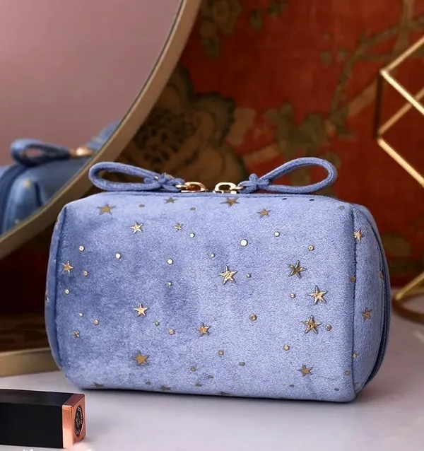 BLUE_BEADS_Star_Print_Mini_Cosmetic_Velvet_Makeup_Pouch_Portable_Travel_Toiletry_Bag_For_Women_And_Girls_(Beige),_10_CM