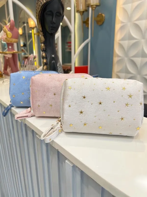 BLUE_BEADS_Star_Print_Mini_Cosmetic_Velvet_Makeup_Pouch_Portable_Travel_Toiletry_Bag_For_Women_And_Girls_(Beige),_10_CM