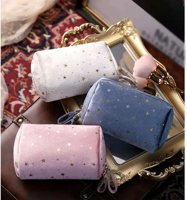 BLUE_BEADS_Star_Print_Mini_Cosmetic_Velvet_Makeup_Pouch_Portable_Travel_Toiletry_Bag_For_Women_And_Girls_(Beige),_10_CM
