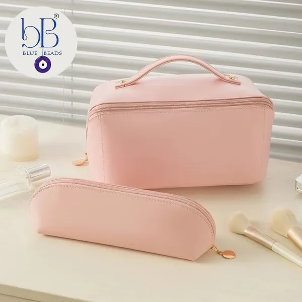 BLUE_BEADS_2pcs_Women_PU_Leather_Cosmetic_Bag_with_Makeup_Brush_Bag_Multifunction_Toiletries_Organizer_Portable_Travel_Waterproof_Makeup_Pouch_Toiletry_Bag_for_Women_and_Girls_(PINK)
