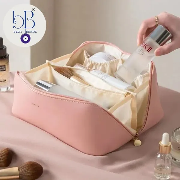 BLUE_BEADS_2pcs_Women_PU_Leather_Cosmetic_Bag_with_Makeup_Brush_Bag_Multifunction_Toiletries_Organizer_Portable_Travel_Waterproof_Makeup_Pouch_Toiletry_Bag_for_Women_and_Girls_(PINK)