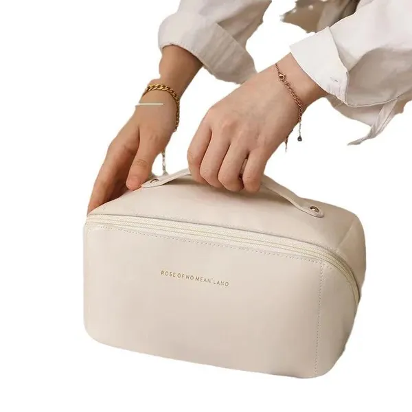 BLUE_BEADS_2pcs_Women_PU_Leather_Cosmetic_Bag_with_Makeup_Brush_Bag_Multifunction_Toiletries_Organizer_Portable_Travel_Waterproof_Makeup_Pouch_Toiletry_Bag_for_Women_and_Girls_(Beige)