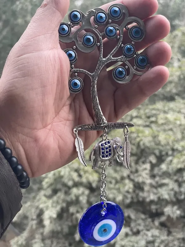 _Home_Decor_Silver_Evil_Eye_Wall_Hanging_Tree_with_Elephant_for_Diwali_Gift_Pendant_Decoration,_Door_and_Car_Hanging_Ornament_Amulet_for_Car,_Home_and_Office_for_Protection_and_Blessing