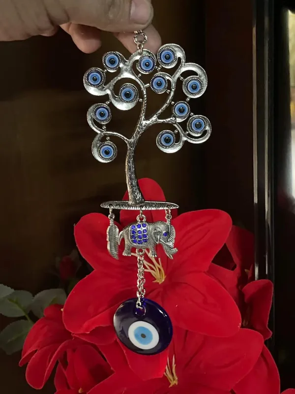 _Home_Decor_Silver_Evil_Eye_Wall_Hanging_Tree_with_Elephant_for_Diwali_Gift_Pendant_Decoration,_Door_and_Car_Hanging_Ornament_Amulet_for_Car,_Home_and_Office_for_Protection_and_Blessing