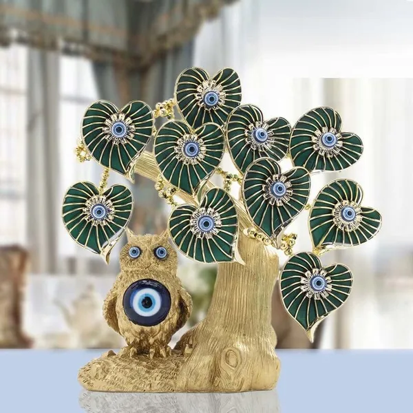 BLUE_BEADS_Metal_Betel_Leaf_With_Lucky_Owl_Tree_Amulet_Table_Centerpiece_Ornament_For_Home_Office_Decor_Protection_Gift,_25_Cm,_Gold
