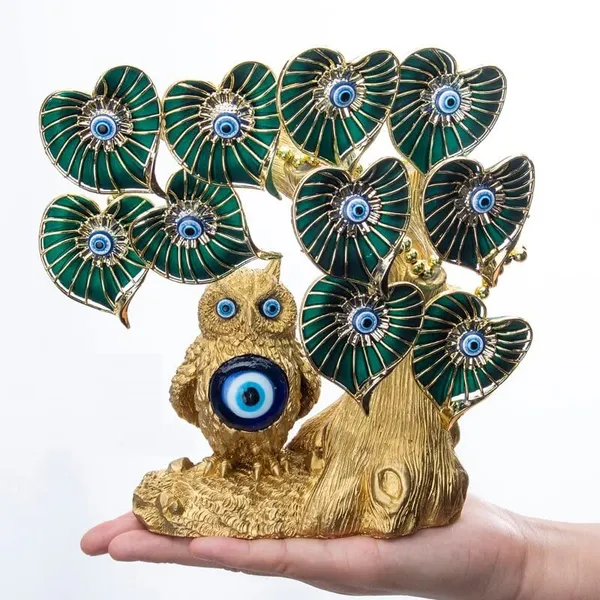 BLUE_BEADS_Metal_Betel_Leaf_With_Lucky_Owl_Tree_Amulet_Table_Centerpiece_Ornament_For_Home_Office_Decor_Protection_Gift,_25_Cm,_Gold