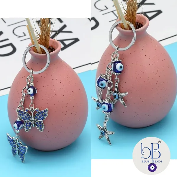 Pack_of_2_BLUE_BEADS_Combo_Offer_Blue_and_Silver_Evil_Eye_Peacock_with_Blue_Round_Design_Keychain_For_Bike/Car_Gifting_With_Key_Ring_Anti-Rust