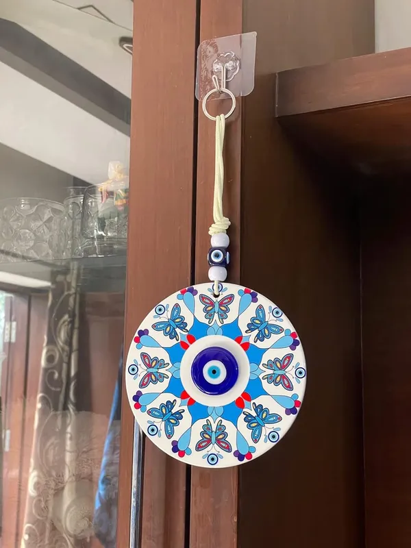BLUE_BEADS_Home_Decor_Evil_Eye_Hanging_White_Butterfly_Print_with_Turkish_Feng_Shui_Vastu_Blue_Glass_Evil_Eye_Door_Hanging_Nazar_batu_Protection_Good_Luck_Gifting_Home/Office