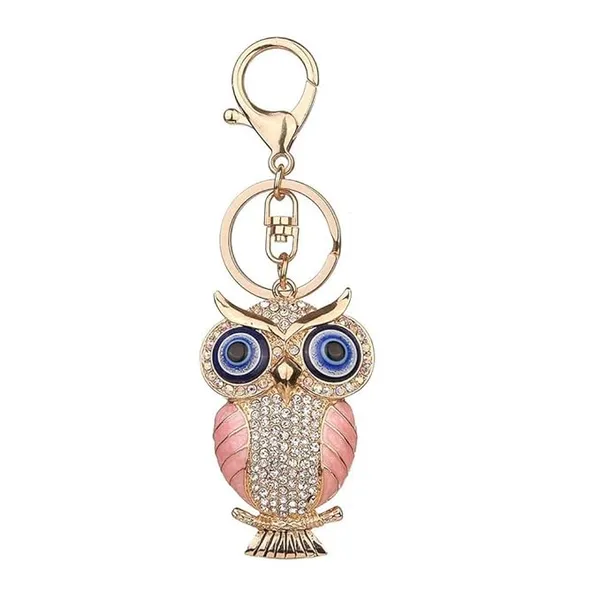 BLUE_BEADS_Gold_with_Evil_Eye_Crystal_Rhinestone_Sparkling_Owl_Keychain_For_Bike/Car_Gifting_Key_Ring_For_Men_Women_and_Handbag_Charm_(pink)