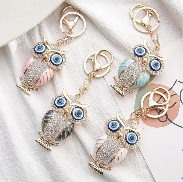 BLUE_BEADS_Gold_with_Evil_Eye_Crystal_Rhinestone_Sparkling_Owl_Keychain_For_Bike/Car_Gifting_Key_Ring_For_Men_Women_and_Handbag_Charm_(pink)