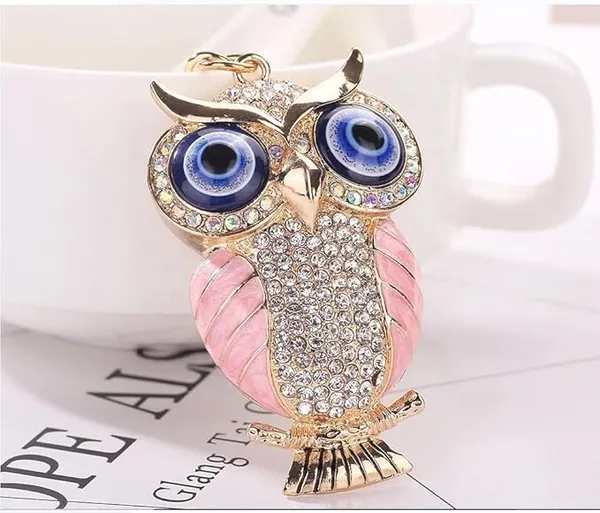 BLUE_BEADS_Gold_with_Evil_Eye_Crystal_Rhinestone_Sparkling_Owl_Keychain_For_Bike/Car_Gifting_Key_Ring_For_Men_Women_and_Handbag_Charm_(pink)