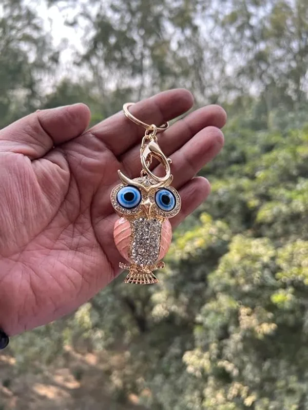 BLUE_BEADS_Gold_with_Evil_Eye_Crystal_Rhinestone_Sparkling_Owl_Keychain_For_Bike/Car_Gifting_Key_Ring_For_Men_Women_and_Handbag_Charm_(pink)