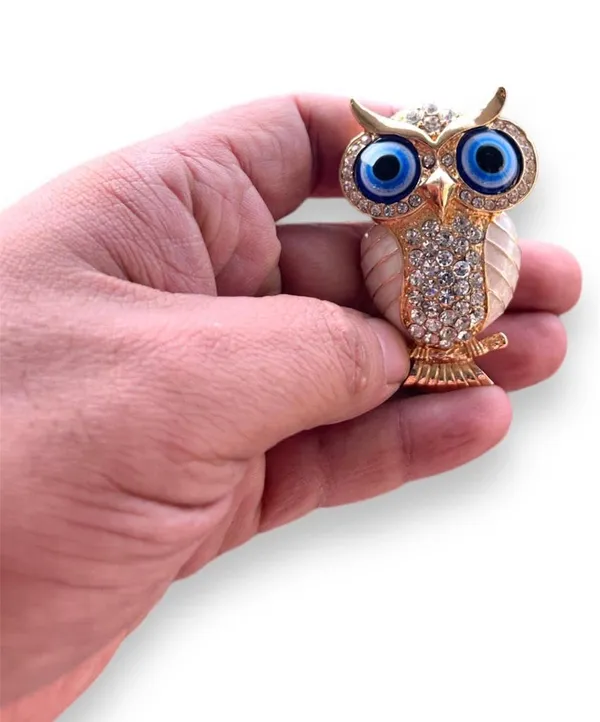 BLUE_BEADS_Gold_with_Evil_Eye_Crystal_Rhinestone_Sparkling_Owl_Fridge_Sticker_Magnet_-_Sign_of_Good_Luck_&_Protection_(white)