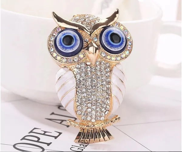 BLUE_BEADS_Gold_with_Evil_Eye_Crystal_Rhinestone_Sparkling_Owl_Fridge_Sticker_Magnet_-_Sign_of_Good_Luck_&_Protection_(white)
