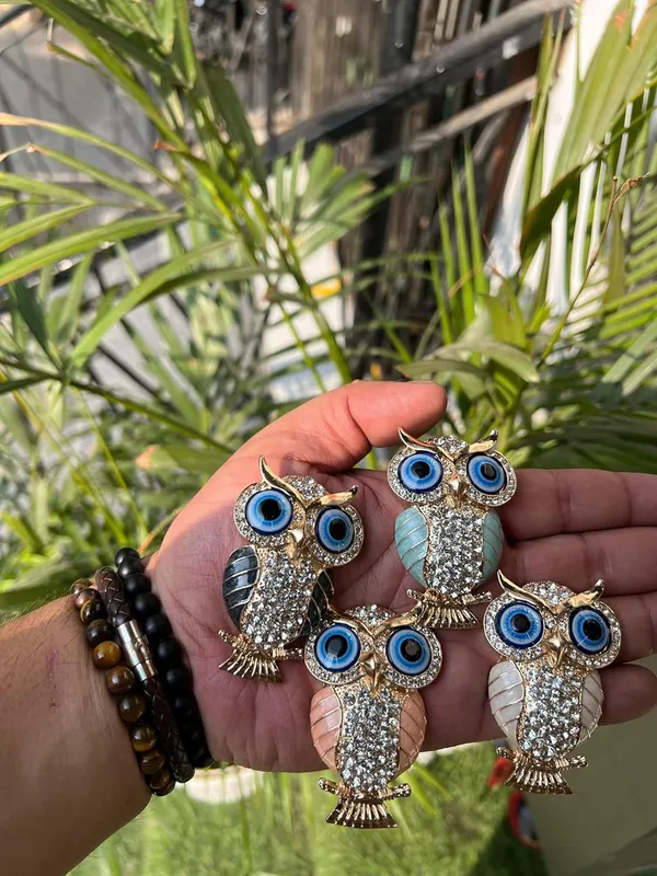 BLUE_BEADS_Gold_with_Evil_Eye_Crystal_Rhinestone_Sparkling_Owl_Fridge_Sticker_Magnet_-_Sign_of_Good_Luck_&_Protection_(white)