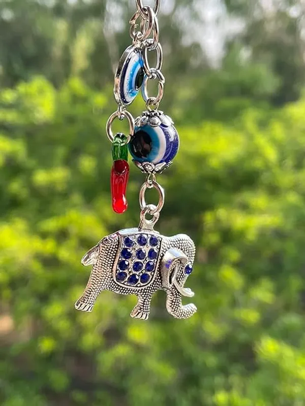 Pack_Of_2_BLUE_BEADS_Silver_and_Blue_Evil_Eye_with_Elephant_Design_Keychain_For_Bike/Car_Gifting_With_Key_Ring_Anti-Rust