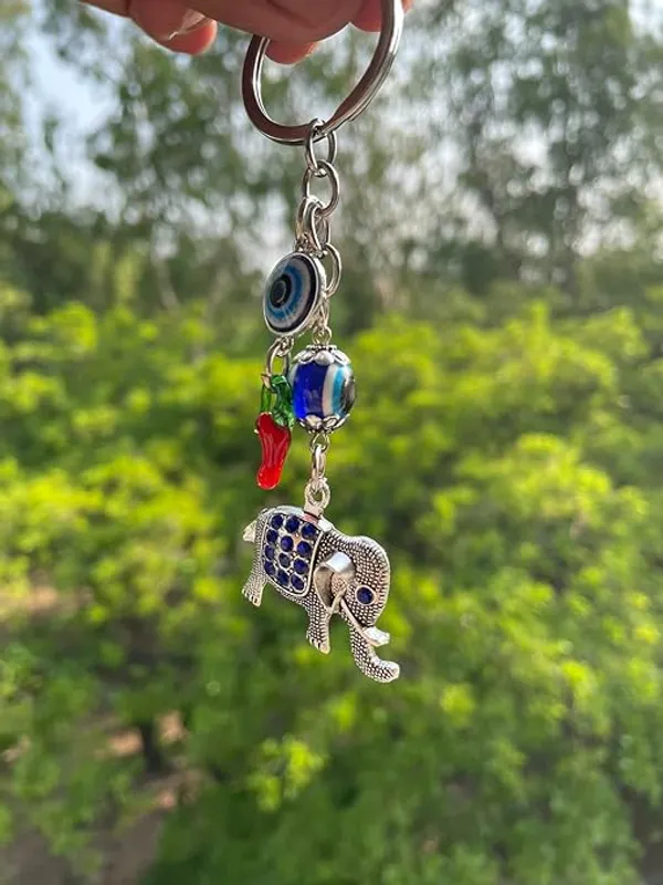 Pack_Of_2_BLUE_BEADS_Silver_and_Blue_Evil_Eye_with_Elephant_Design_Keychain_For_Bike/Car_Gifting_With_Key_Ring_Anti-Rust
