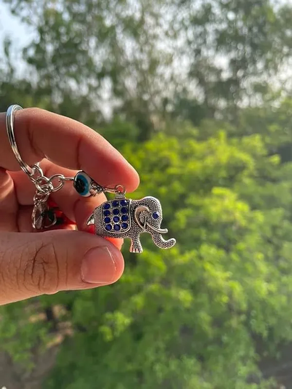 Pack_Of_2_BLUE_BEADS_Silver_and_Blue_Evil_Eye_with_Elephant_Design_Keychain_For_Bike/Car_Gifting_With_Key_Ring_Anti-Rust