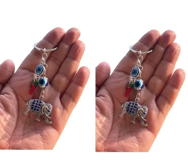 Pack_Of_2_BLUE_BEADS_Silver_and_Blue_Evil_Eye_with_Elephant_Design_Keychain_For_Bike/Car_Gifting_With_Key_Ring_Anti-Rust