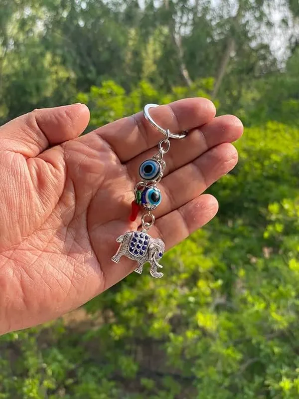 Pack_Of_2_BLUE_BEADS_Silver_and_Blue_Evil_Eye_with_Elephant_Design_Keychain_For_Bike/Car_Gifting_With_Key_Ring_Anti-Rust