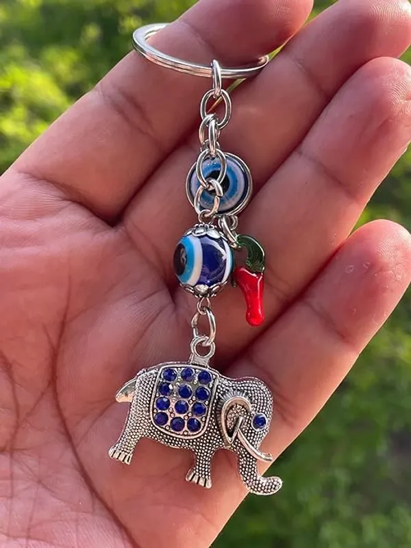 Pack_Of_2_BLUE_BEADS_Silver_and_Blue_Evil_Eye_with_Elephant_Design_Keychain_For_Bike/Car_Gifting_With_Key_Ring_Anti-Rust