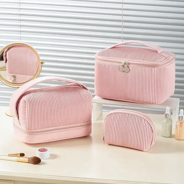 BLUE_BEADS_Cosmetic_Vanity_Bag_PU_Leather_with_Makeup_Brush_Bag_Multifunction_Toiletries_Organizer_Toiletry_Bag_for_Women_and_Girls_(Pink)