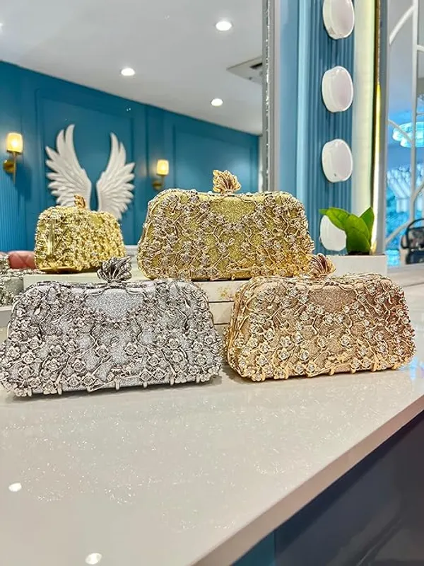 BLUE_BEADS_Small_Crystal_and_Metal_Elegant_Rhinestone_Clutch_Evening_Purse_Night_Party_Clutch_for_Wedding_Cocktail_Party_and_Special_Occasions_(Gold)