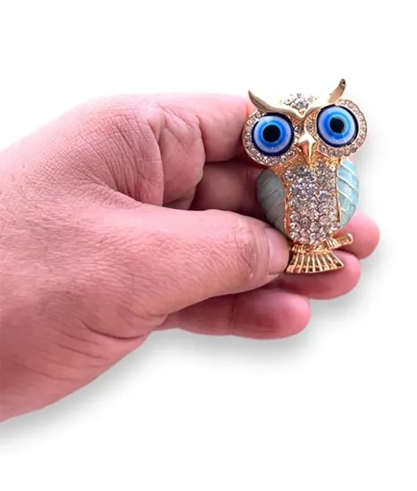 BLUE_BEADS_Gold_with_Evil_Eye_Crystal_Rhinestone_Sparkling_Owl_Fridge_Sticker_Magnet_-_Sign_of_Good_Luck_&_Protection_(black)