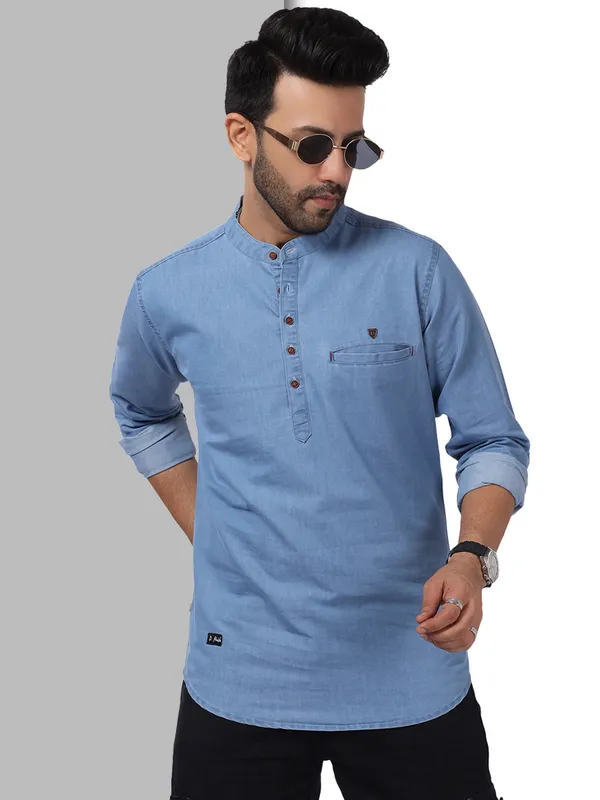 Icewash_Denim_Casual_Short_Kurta_For_Men_|_Premium_Mandarin_Super_Soft_Collar_Kurta
