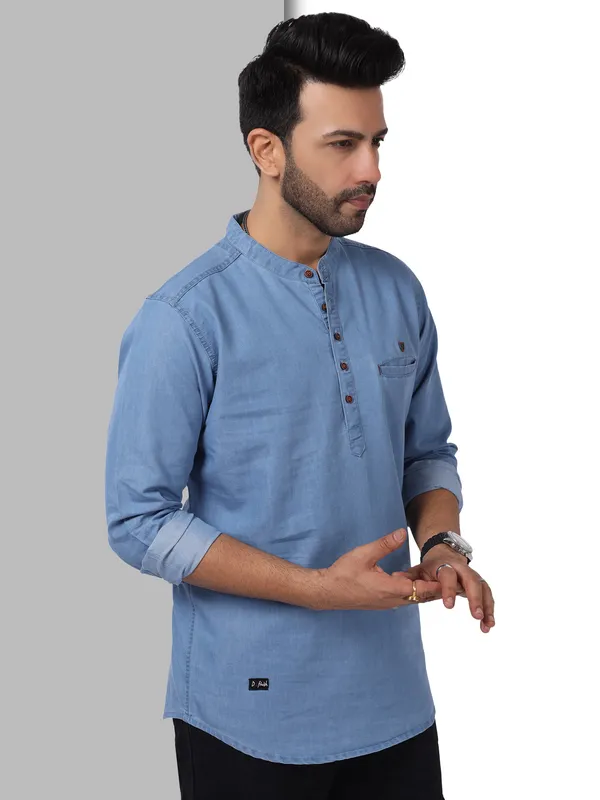Icewash_Denim_Casual_Short_Kurta_For_Men_|_Premium_Mandarin_Super_Soft_Collar_Kurta