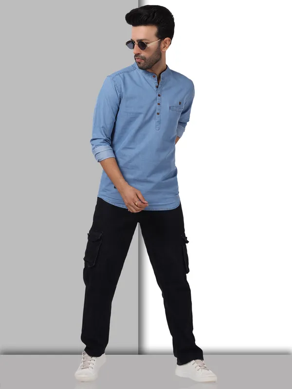 Icewash_Denim_Casual_Short_Kurta_For_Men_|_Premium_Mandarin_Super_Soft_Collar_Kurta