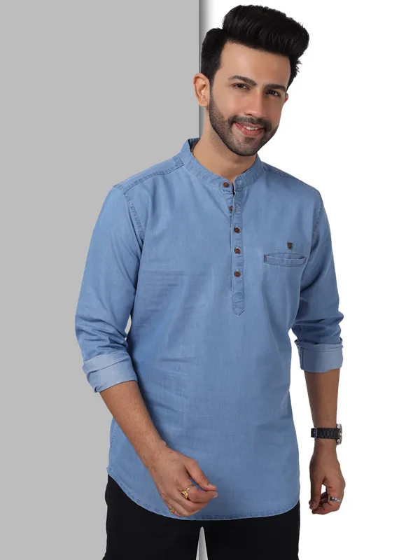 Icewash_Denim_Casual_Short_Kurta_For_Men_|_Premium_Mandarin_Super_Soft_Collar_Kurta