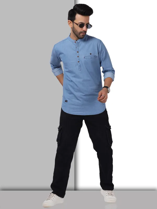 Icewash_Denim_Casual_Short_Kurta_For_Men_|_Premium_Mandarin_Super_Soft_Collar_Kurta